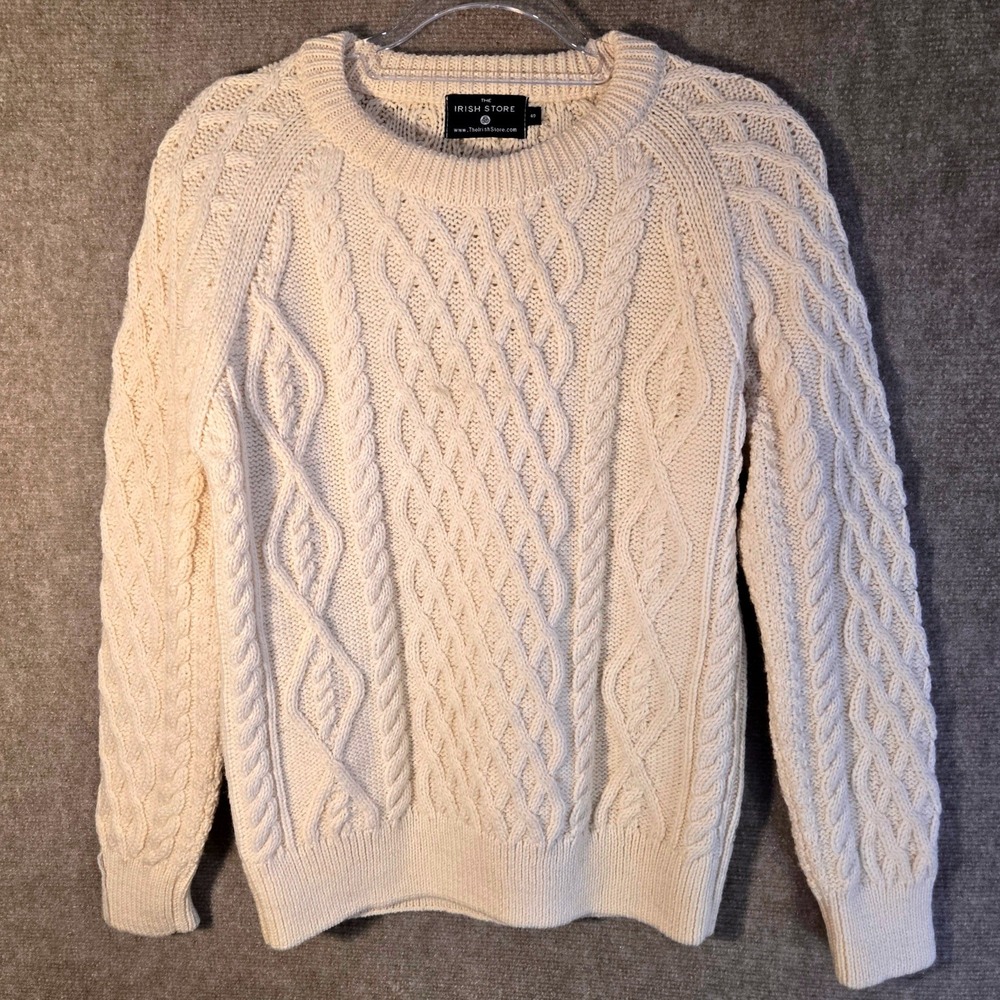 The Irish Store Mens Small Merino Wool Aran Cable Knit‎ Fisherman Sweater Cream